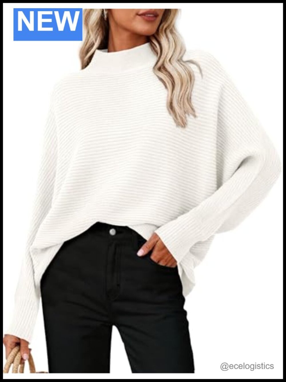 Batwing Long Sleeve Ribbed Knit Mock Neck Pullover Sweater